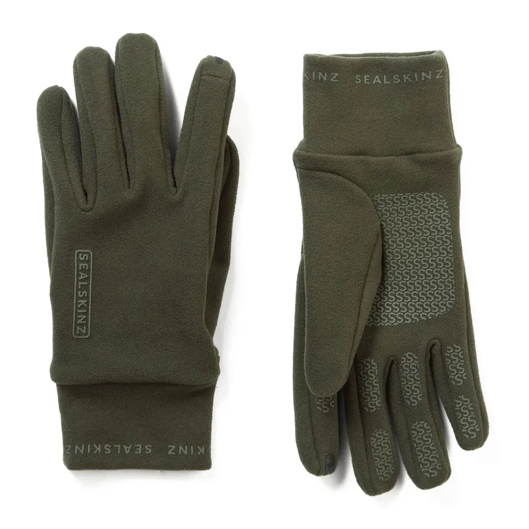 Olive green Sealskinz Lenwade micro fleece gloves with textured grip for country clothing