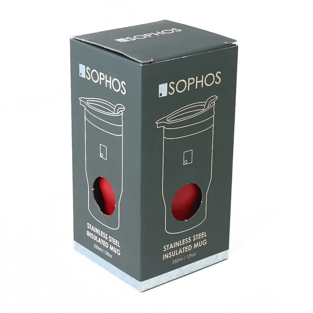 Sophos 14oz vacuum mug in stainless steel with red accents