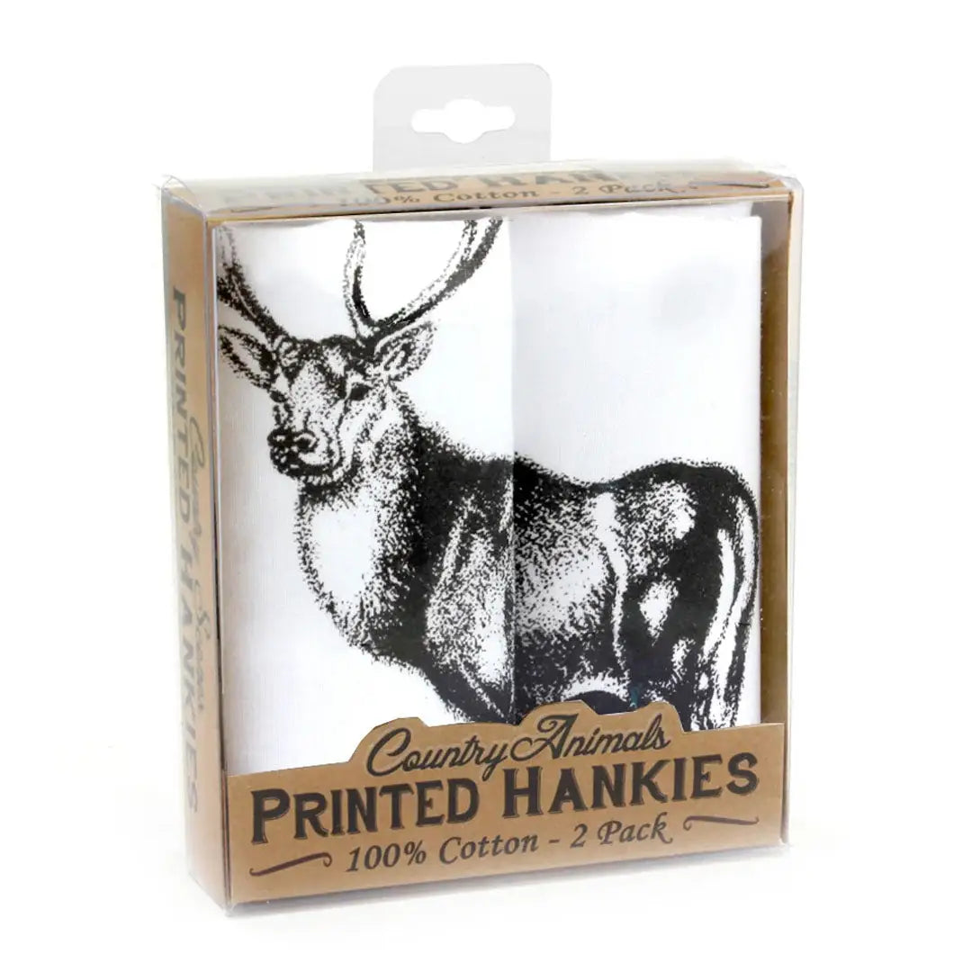 Packaged Stag Hankies featuring a cool deer illustration for country clothing lovers