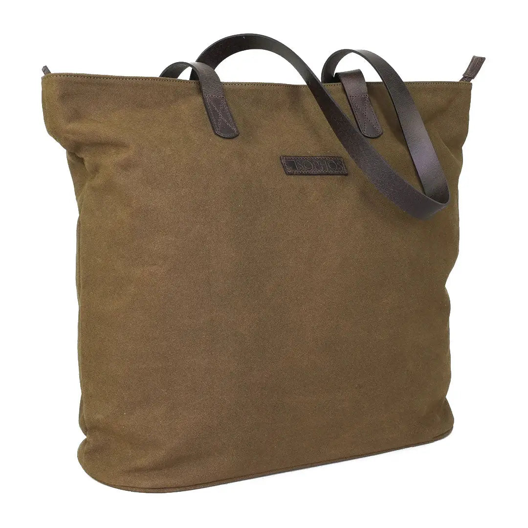 Sophos canvas tote bag in olive green waxed canvas with brown leather handles