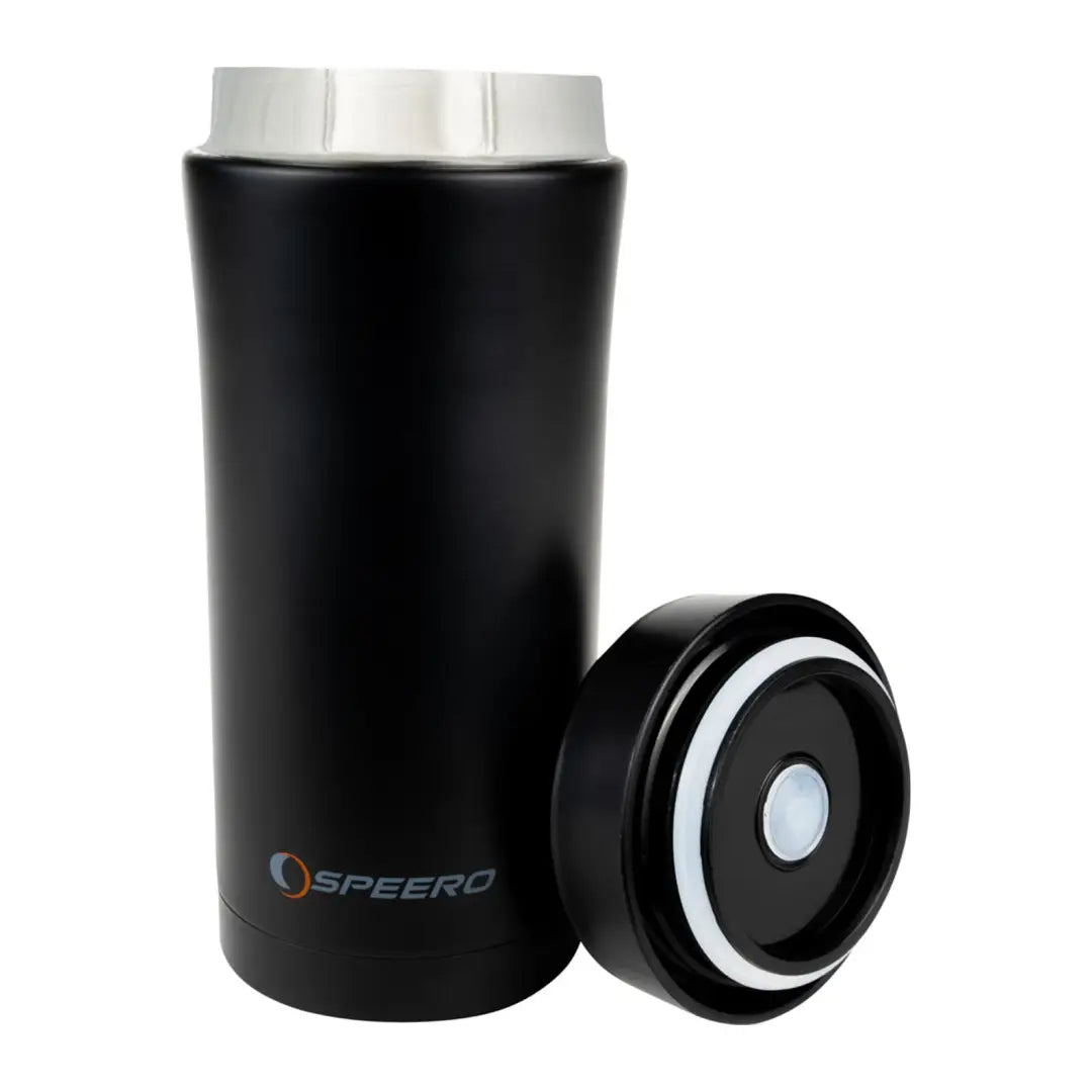 Black insulated tumbler with lid from the Speero Thermate Mug for hot and cold drinks
