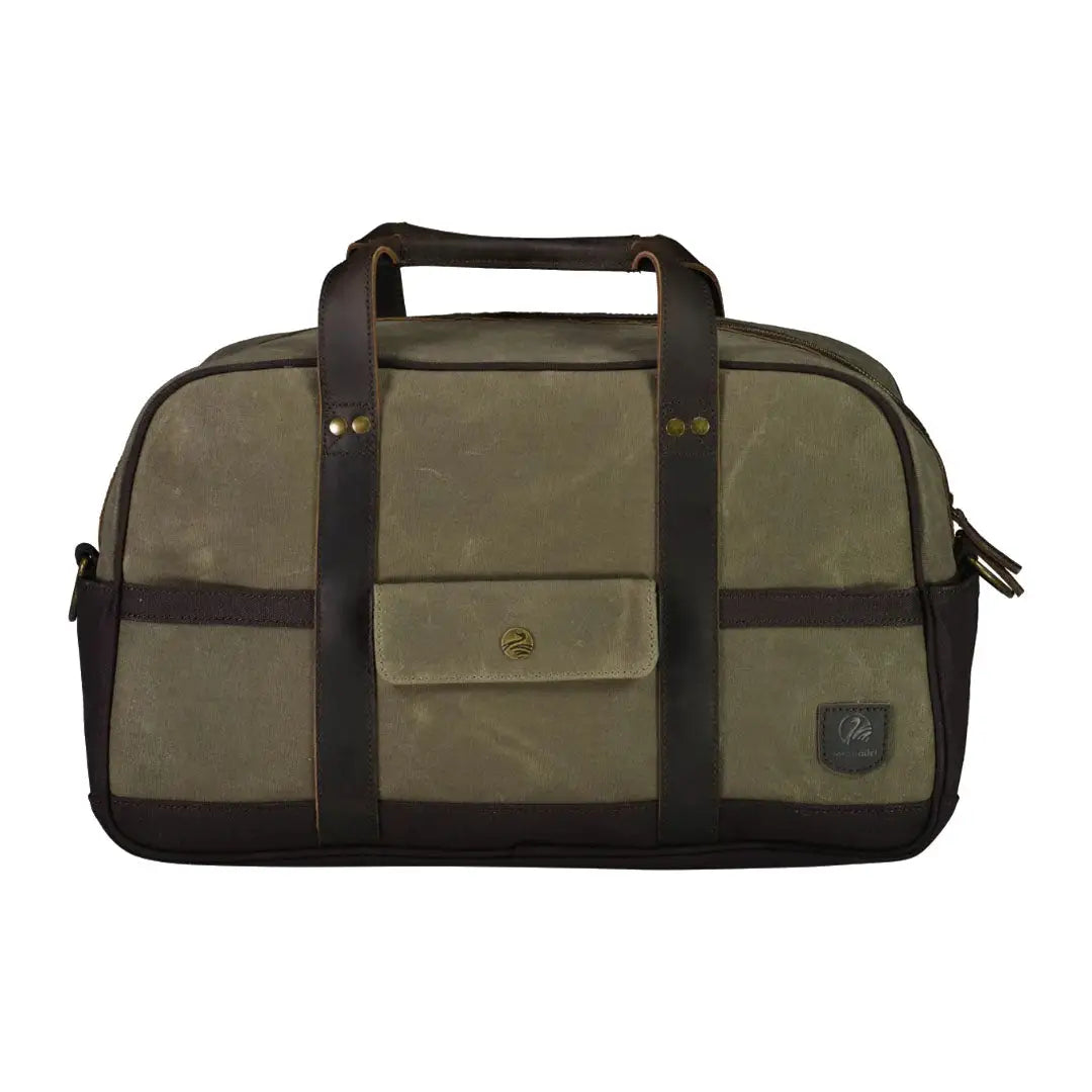 Olive green Swanndri Kingston Canvas Overnighter with leather accents and front pocket