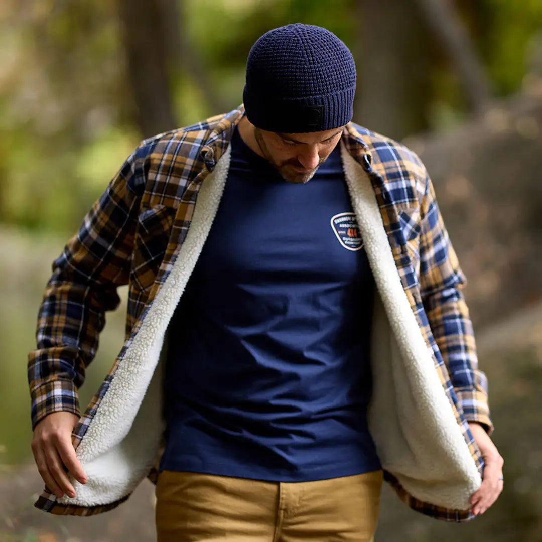 Men’s navy blue and brown plaid sherpa-lined shirt jacket with Swanndri Newton Beanie