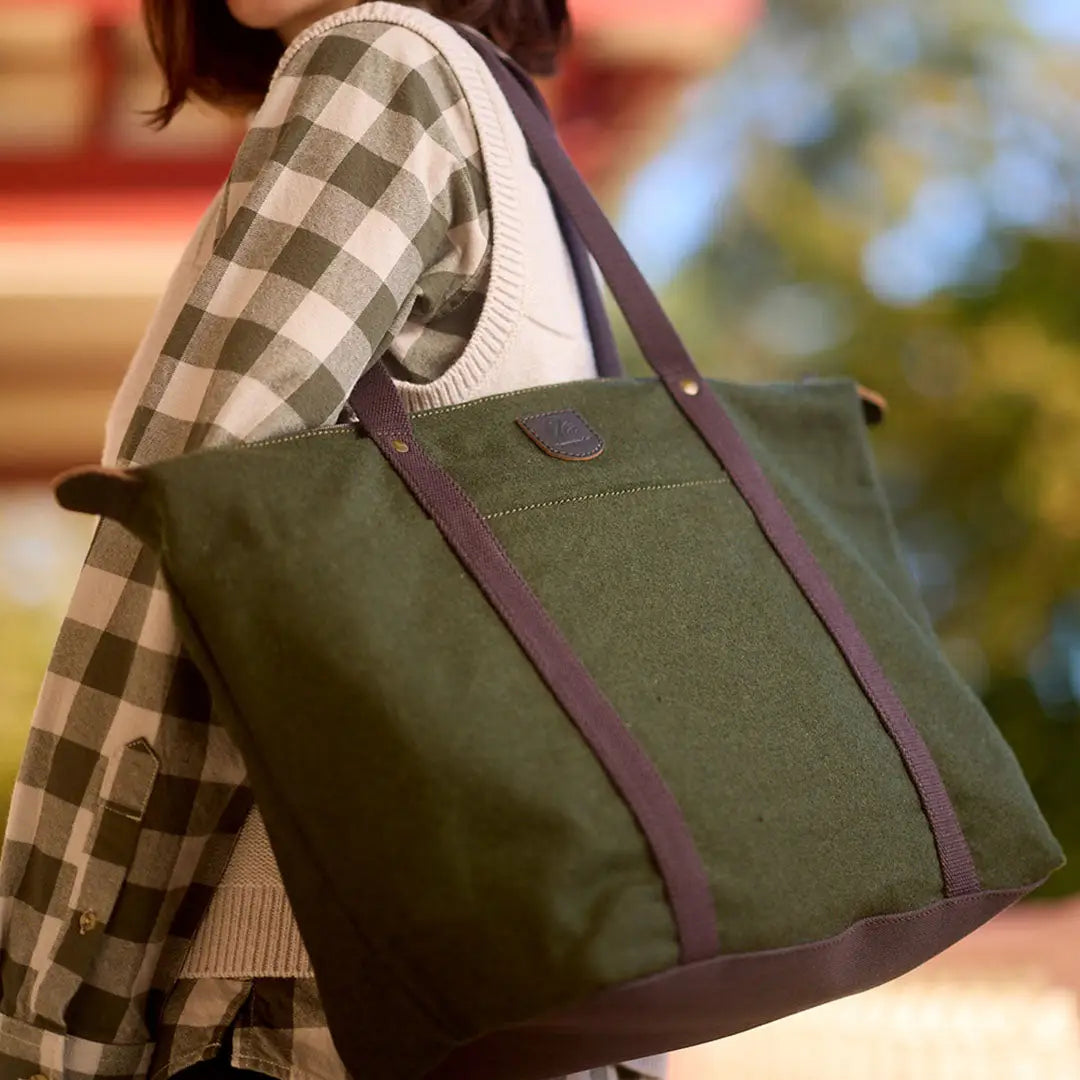 Olive green Swanndri Queenstown Wool tote bag with dark brown leather straps and base