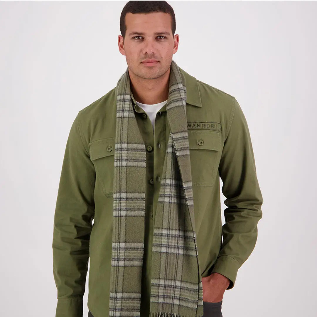 Men’s olive green Swanndri Scarfie country clothing with plaid scarf for hunting style