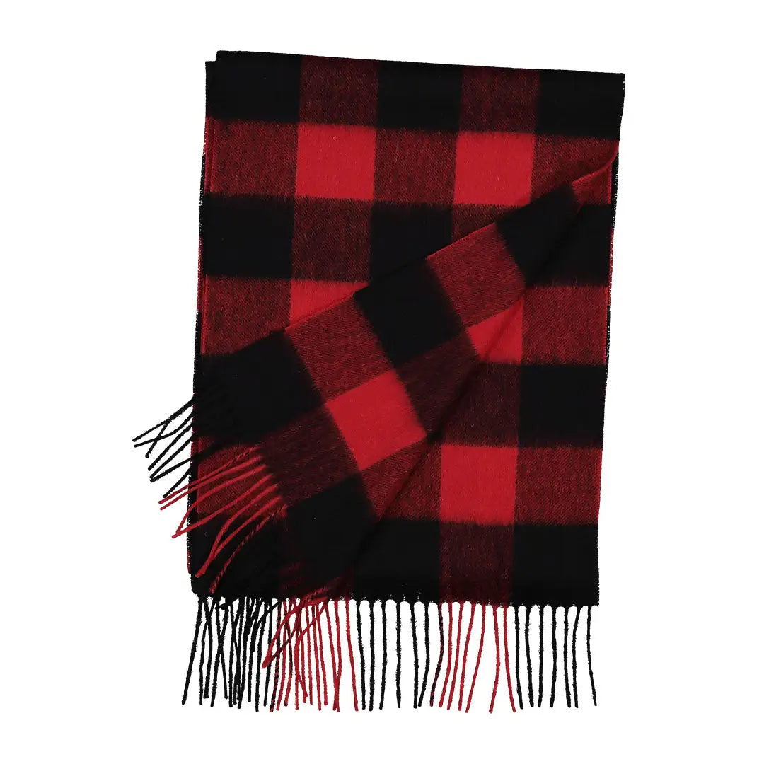 Swanndri Scarfie red black buffalo plaid scarf with fringe for country clothing and hunting