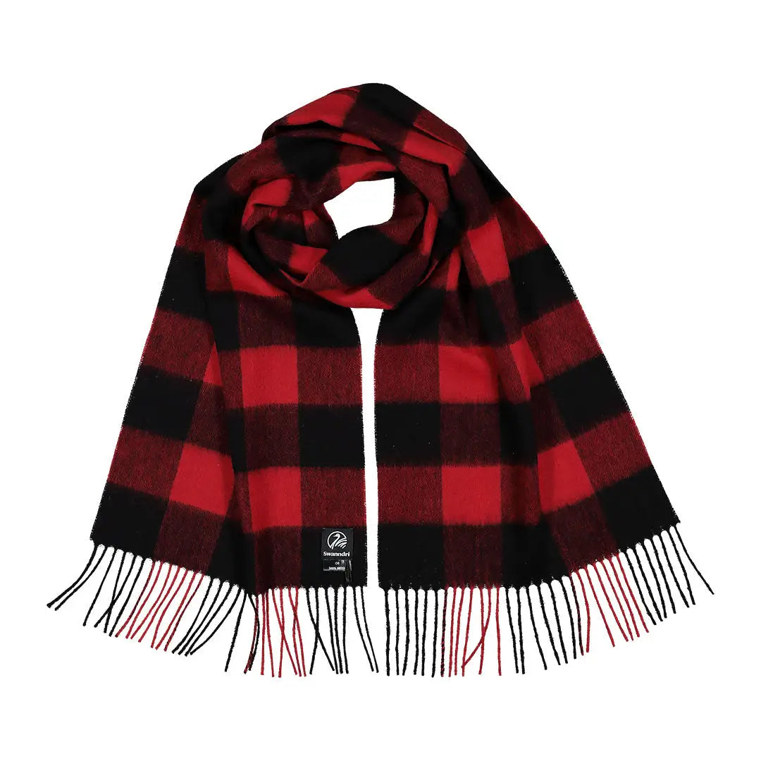 Red and black buffalo plaid wool Swanndri Scarfie scarf for country clothing and hunting