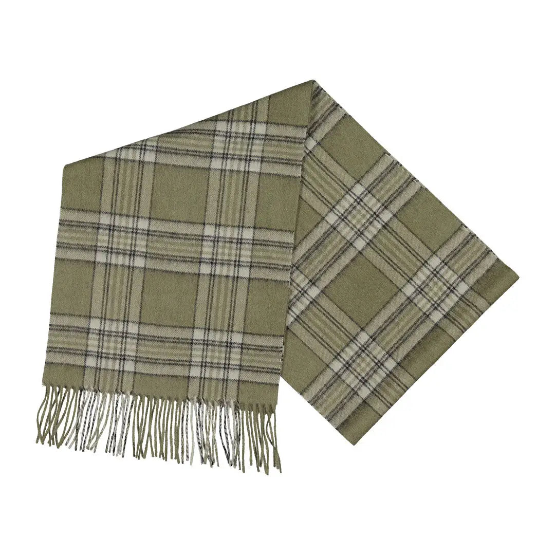 Light green plaid wool Swanndri Scarfie scarf with fringes for country clothing and hunting