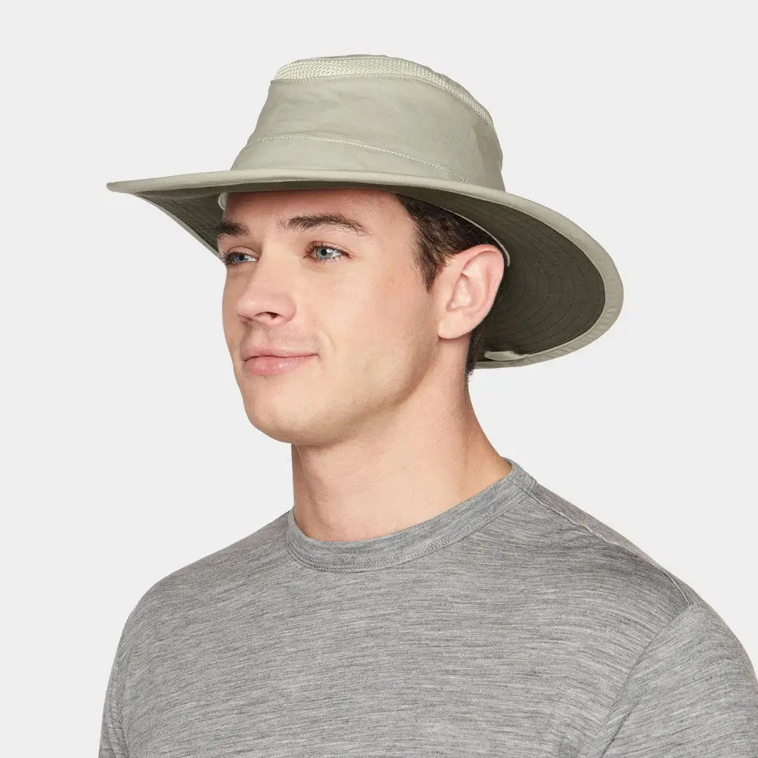 Man rocking a Tilley Hikers Airflow Hat with a wide brim for ultimate sun protection