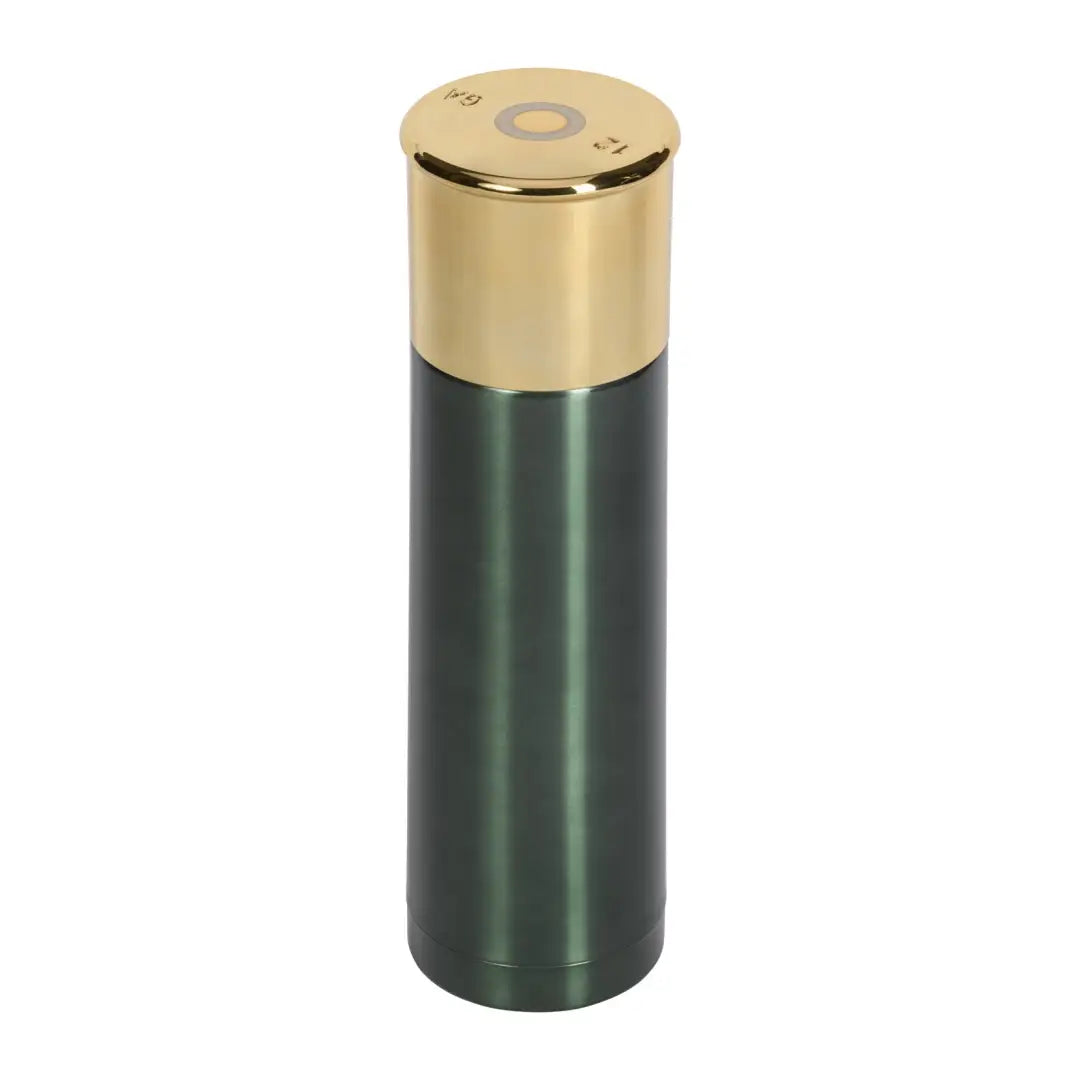 Verney Carron Cartridge Thermos Flask in green with gold top, perfect for outdoor adventures