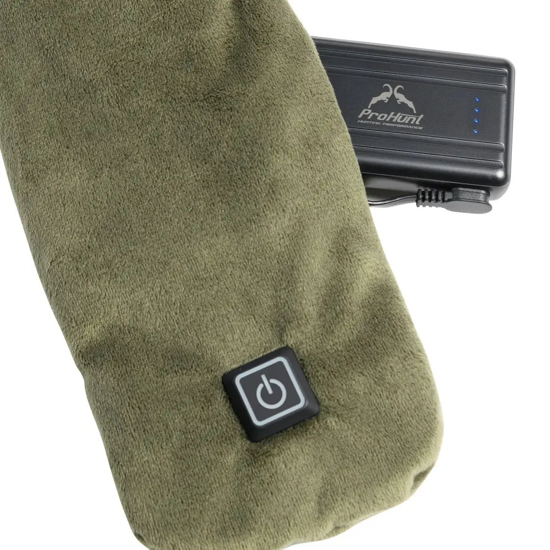 Green fabric Verney Carron Heated Scarf with a power button symbol attached