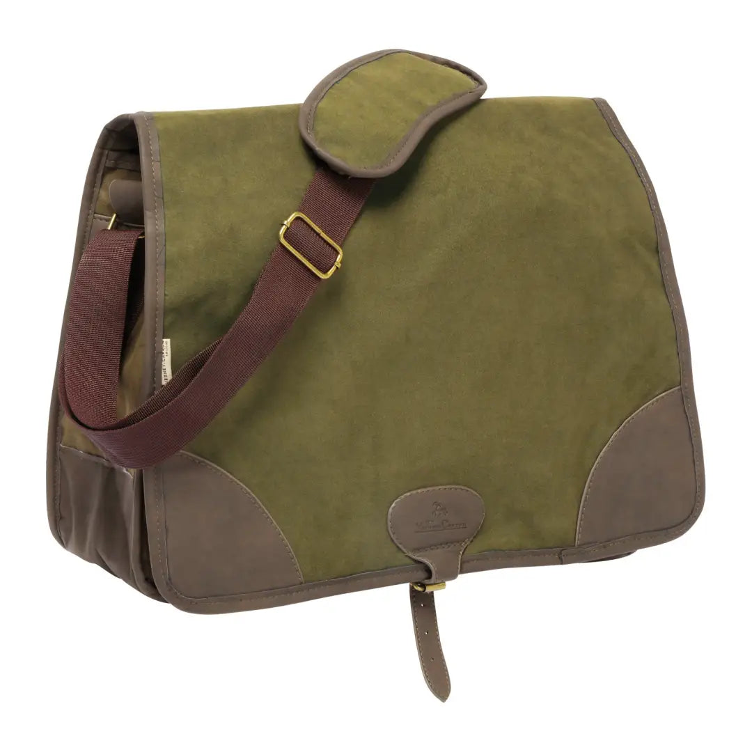Olive green Verney Carron Perdrix Game Bag with brown leather trim and strap