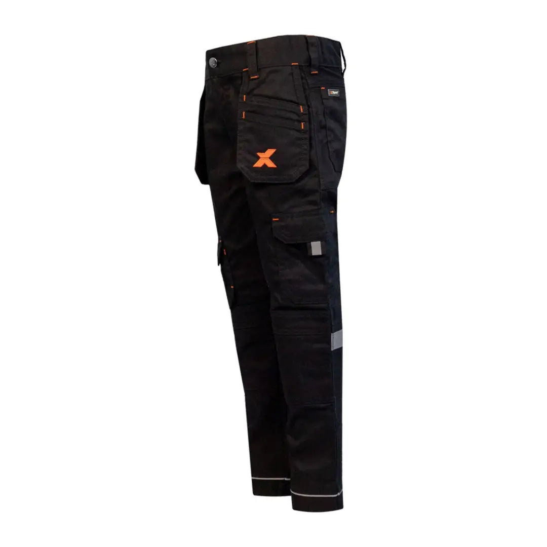 Black Xpert Pro Junior Stretch Work Trouser with orange stitching and reflective accents