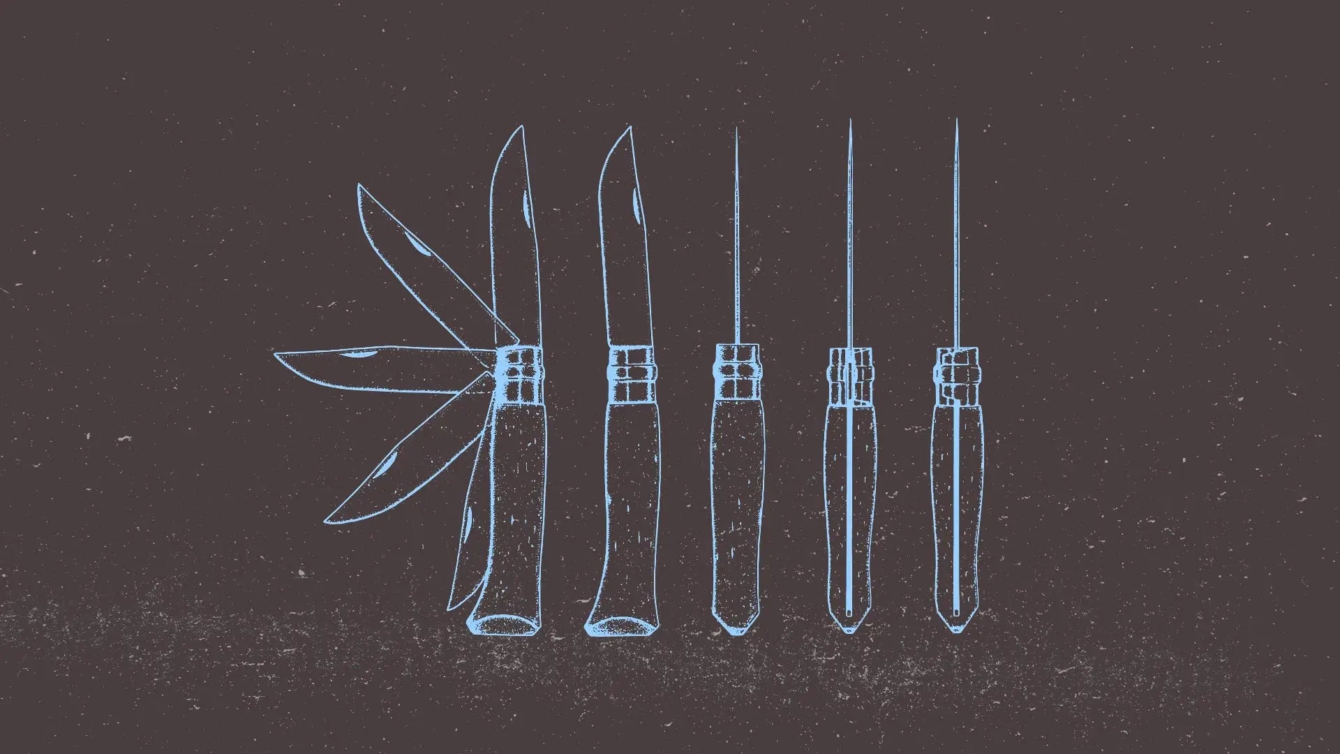 Sequence of opinel folding knives with simple wooden handles at different open stages