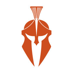 Stylized orange Spartan helmet logo with pen nib for Kryptek hunting clothing line.