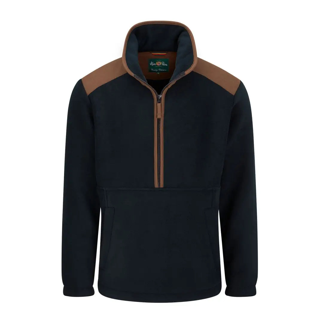 Men’s navy blue fleece pullover with tan shoulder patches and half-zip, alan paine aylsham style