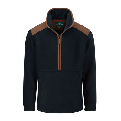 Men’s navy blue fleece pullover with tan shoulder patches and half-zip, alan paine aylsham style