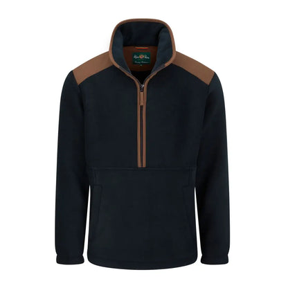Men’s navy blue fleece pullover with tan shoulder patches and half-zip, alan paine aylsham style