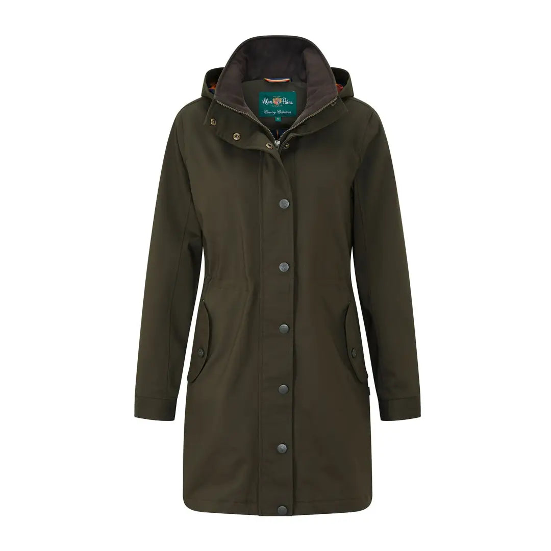Dark green Alan Paine Dunswell ladies jacket with hood, waterproof, button closure, flap pockets