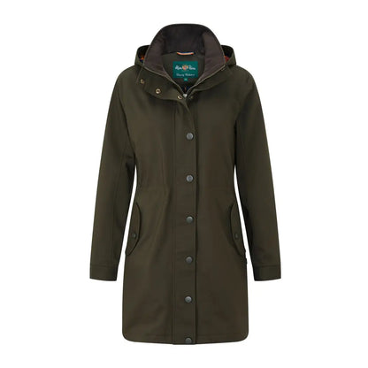 Dark green Alan Paine Dunswell ladies jacket with hood, waterproof, button closure, flap pockets
