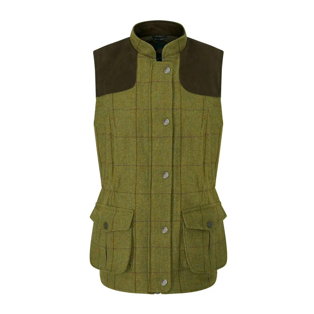Alan Paine Rutland ladies tweed vest with green tweed fabric and brown shoulder patches
