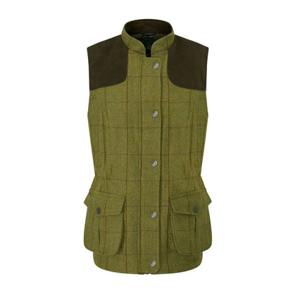 Alan Paine Rutland ladies tweed vest with green tweed fabric and brown shoulder patches
