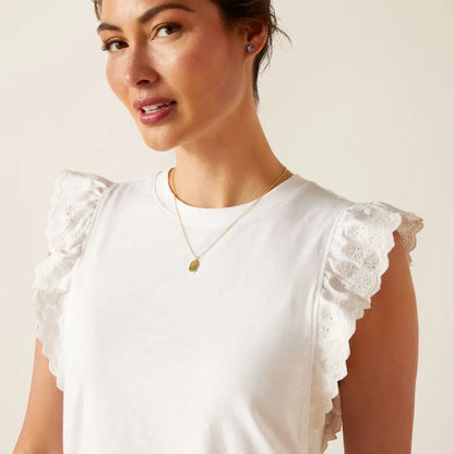 White sleeveless top with ruffled cap sleeves perfect for country clothing adventures