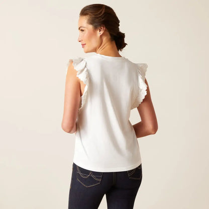 White sleeveless top with ruffled shoulders for stylish country clothing and outdoor adventures