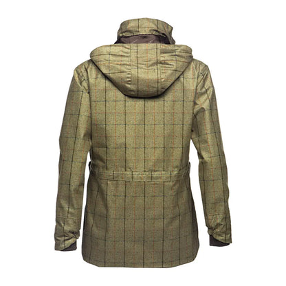 Olive green plaid Baleno Pembroke Ladies Waterproof Jacket with belted waist and pockets