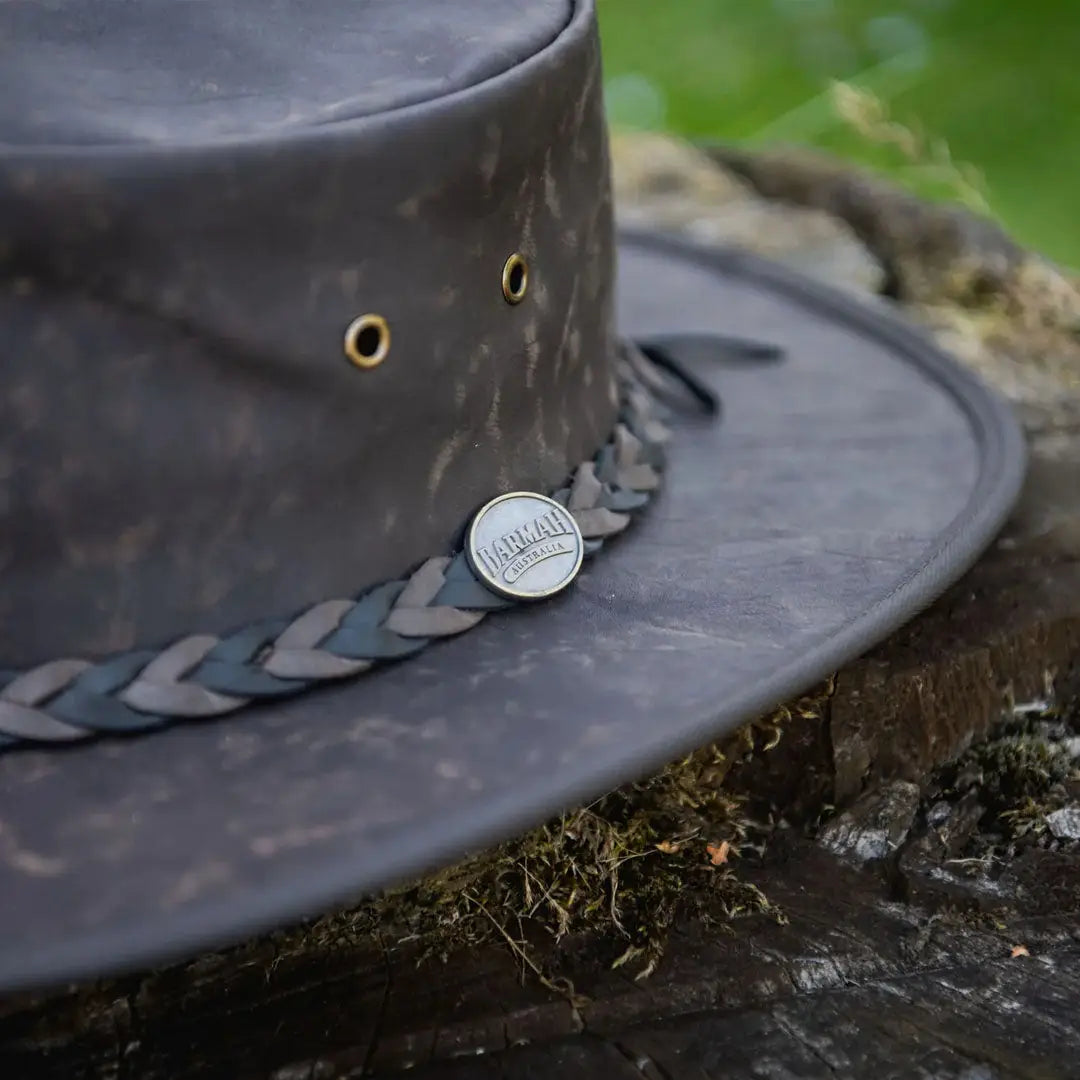 Dark leather cowboy hat with braided band, perfect lightweight kangaroo leather style