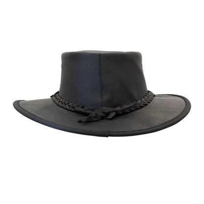 Black leather cowboy hat with braided band, perfect for your Barmah Sundowner Roo Leather Hat