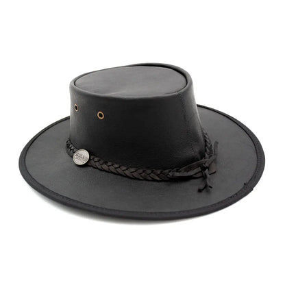 Stylish Black Leather Cowboy Hat with Braided Band in Lightweight Kangaroo Leather