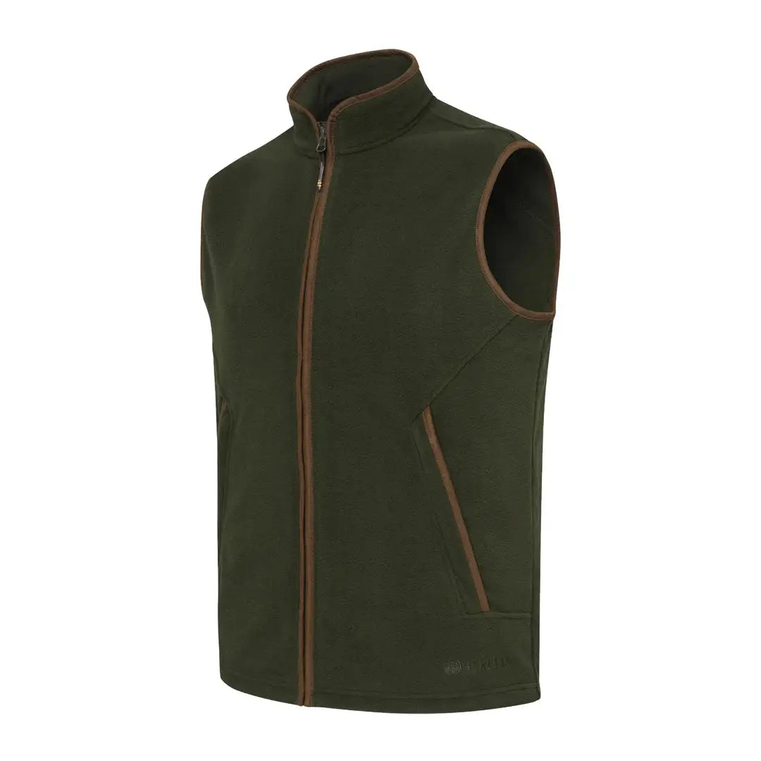 Olive green Beretta Arlington Vest with brown trim, perfect for country clothing and hunting outdoors
