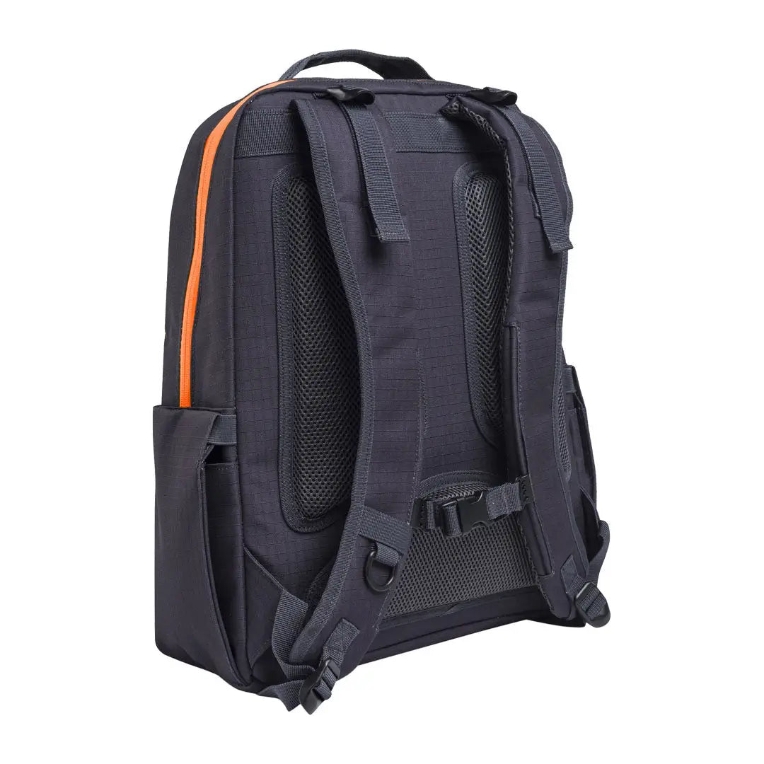 Black challenge backpack with orange trim, perfect for hunting and country clothing activities