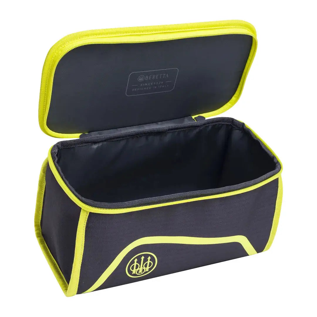 Open black and yellow Beretta Challenge Cart Bag 100 ready for action