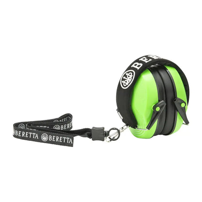 Green and black folding Beretta Earmuff with lanyard for hunting and outdoor adventures