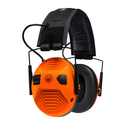 Orange and black Beretta Electronic Earmuffs with padded headband for hearing protection