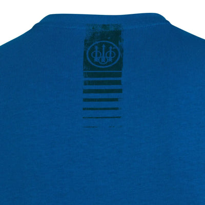 Back of Beretta Fir blue cotton t-shirt with distressed logo, stripes, hunting country clothing