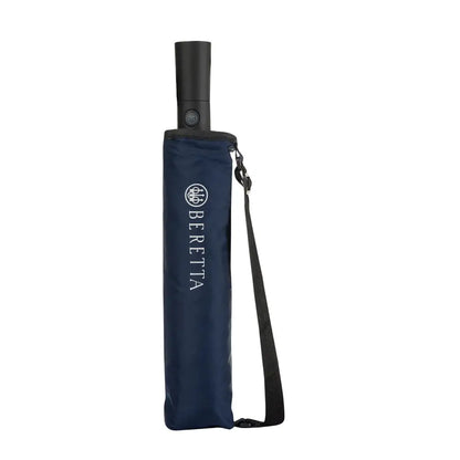 Closed navy Beretta Foldable Umbrella with carrying strap perfect for on-the-go style
