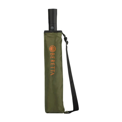 Closed Beretta foldable umbrella in green case with black strap, perfect for on-the-go