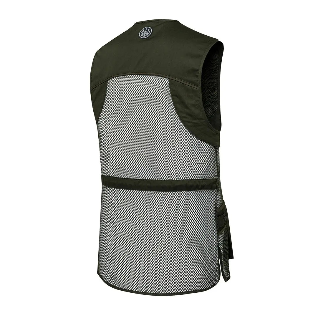 Back of Beretta full mesh shooting vest in olive green with black trim logo