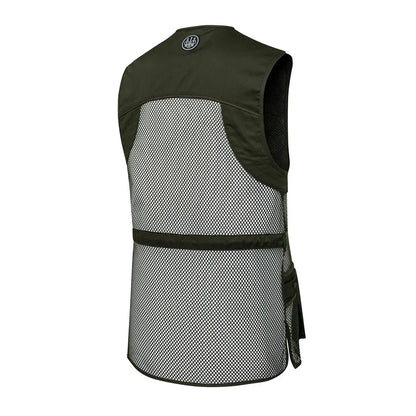 Back of Beretta full mesh shooting vest in olive green with black trim logo