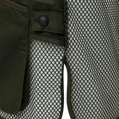 Olive green mesh panel shorts on Beretta mesh shooting vest