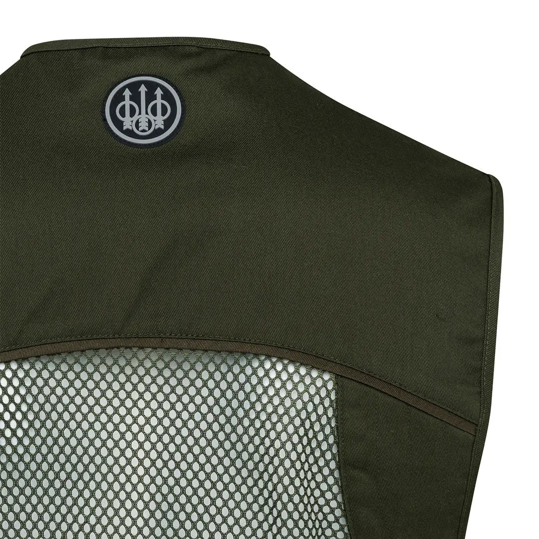 Olive green Beretta mesh shooting vest with black silver logo patch