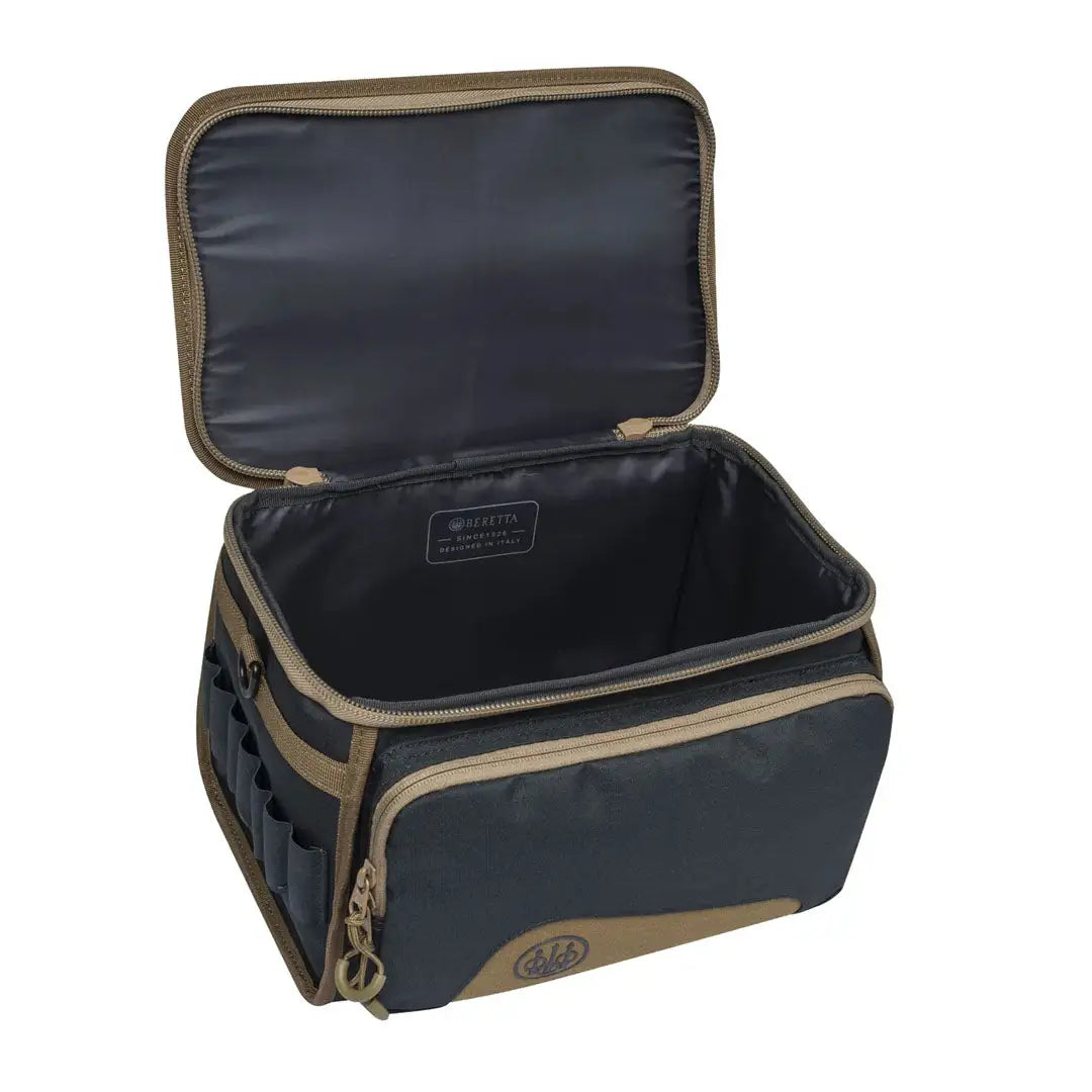 Open dark blue and tan Beretta GameKeeper EVO shooting bag in GameKeeper EVO Cart