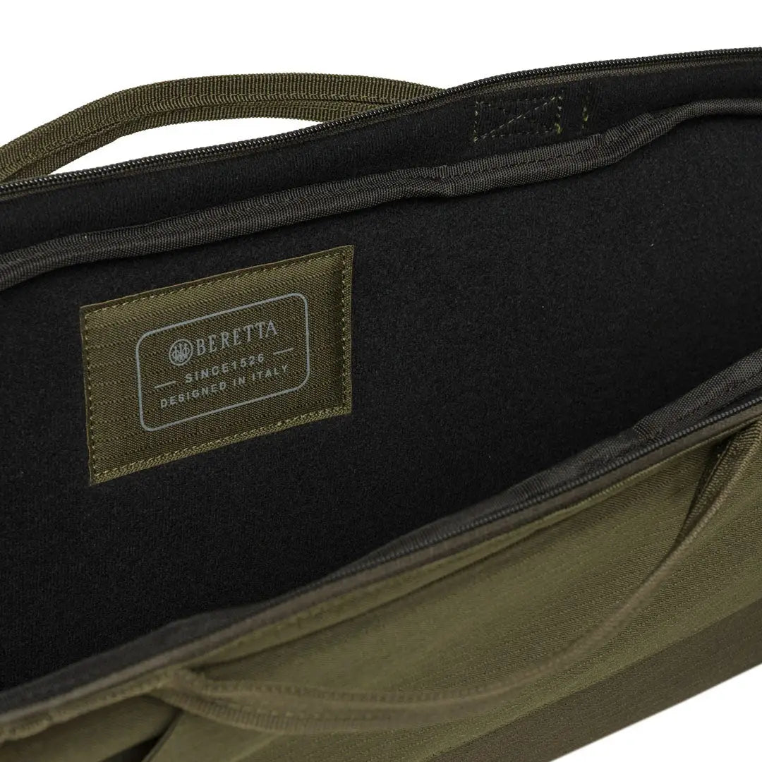 Olive green Beretta GameKeeper EVO sleeve with black lining and patch
