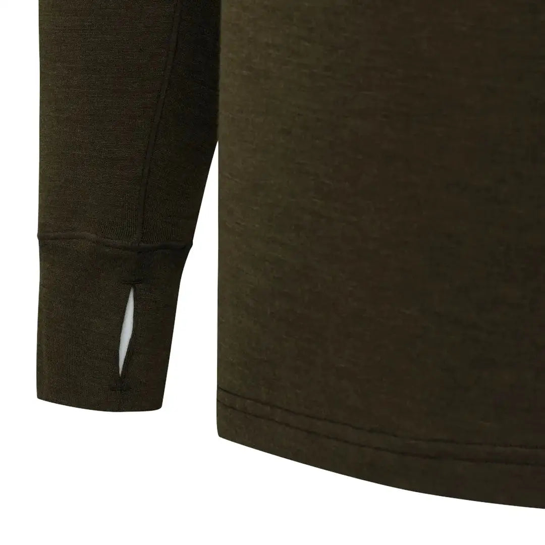 Olive green Merino Wool long-sleeved shirt with thumb holes for country clothing and hunting