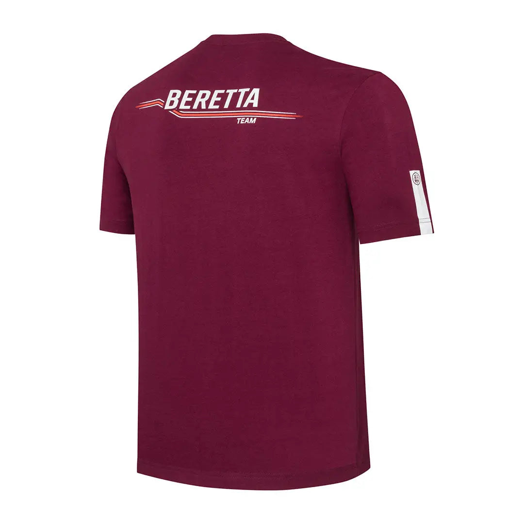 Back of maroon Beretta team short sleeve t-shirt with white red logo