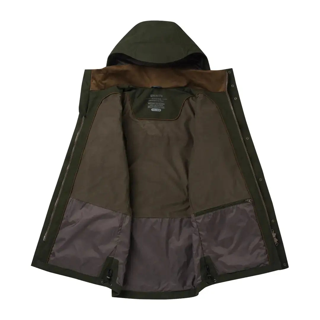 Open green hooded Beretta Tempesta Jacket, perfect for country clothing and hunting