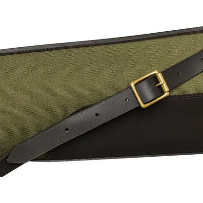 Olive green and brown leather gun case with brass buckle for hunting and country clothing